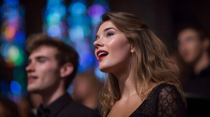 A young woman sings with her choir in a cathedral with vibrant colorful bokeh lights in the background