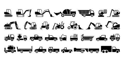 White Outline Icons of Construction and Transportation Vehicles on Black construction vehicle isolated on transparent background, png.
