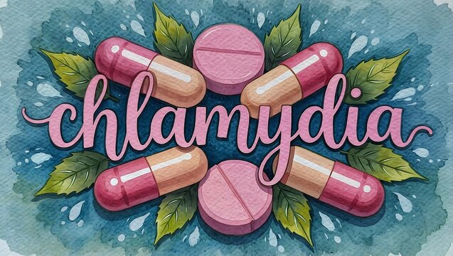 a watercolor illustration features the word "chlamydia" in ornate pink script surrounded by pills and lush green foliage.