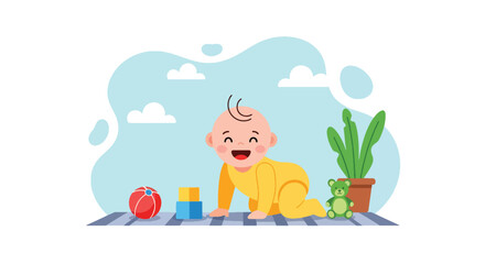 Adobe illustrator artwork vector illustration. A joyful baby crawls happily on a mat, surrounded by colorful toys and a houseplant, depicting early childhood development and play.