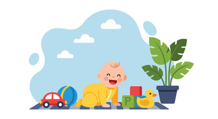 Adobe illustrator artwork vector illustration. A joyful baby crawls happily on a mat, surrounded by colorful toys and a houseplant, depicting early childhood development and play.