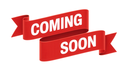Red ribbon banners announcing coming soon message isolated on transparent background