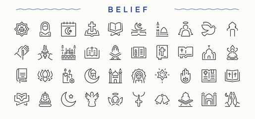 Belief icon set. Spirit trendy minimal icons. Minimal thin line web icons set. Ritual line icon set. Editable stroke. Vector collection.