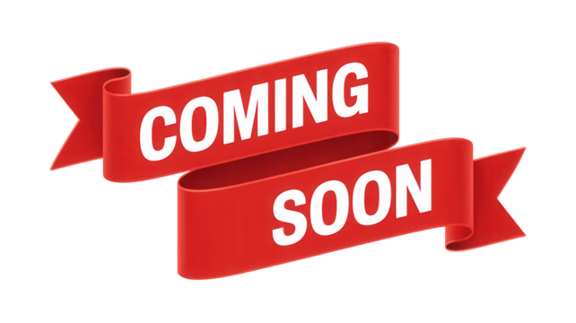 Red ribbon banners announcing coming soon message isolated on transparent background