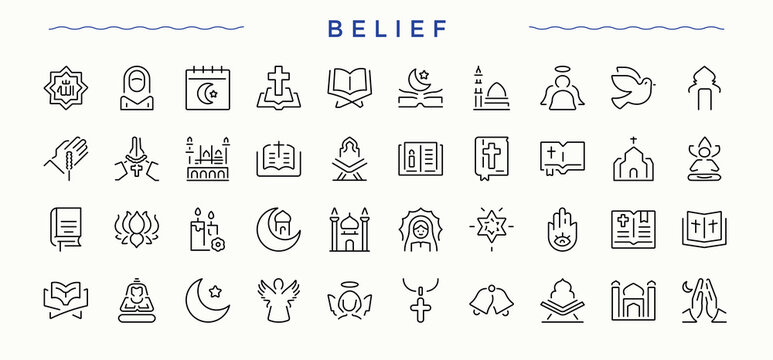 Belief icon set. Spirit trendy minimal icons. Minimal thin line web icons set. Ritual line icon set. Editable stroke. Vector collection.