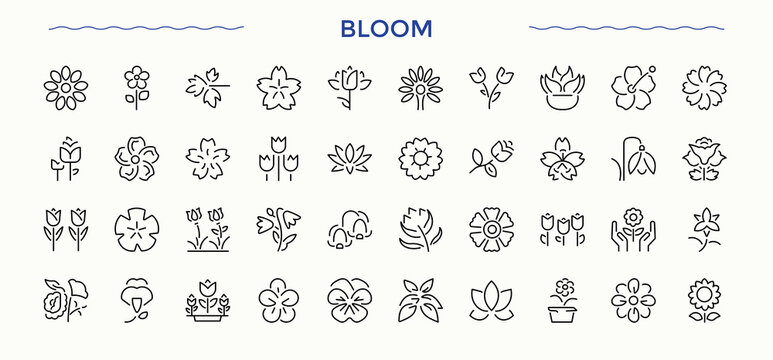 Bloom icon set. Flower vector line icon set. Minimal linear icons. Includes symbols for flower garden, garden, plant, blossom and more. Editable stroke. Vector collection.