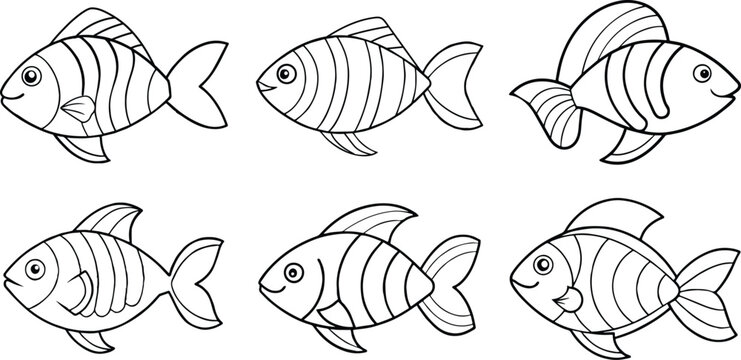 Set of rainbow fish outline vector for aquatic and educational design