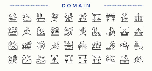 Domain line icon set. Land icon. Outline symbol collection. Contains outline symbols like landscape, cape, mountain, garden, building, land and more. Pixel perfect. Editable vector.