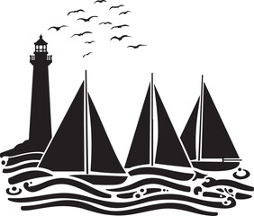 Lighthouse and Sailboat Silhouette on Ocean Waves
Nautical Sea Scene with Lighthouse, Sailboats, and Birds
Maritime Silhouette Artwork with Lighthouse and Sailing Ships