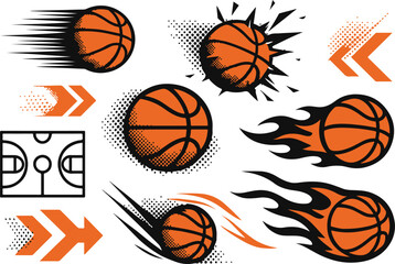 Dynamic Basketball Graphic Set Flaming Exploding and Speed Ball with Court Elements © smcreovent