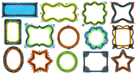 Collection of whimsically hand drawn vibrant decorative frames and borders with sketch texture