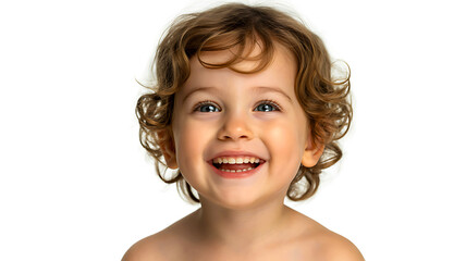 Happy smiling little child with curly hair looking joyful on white background
