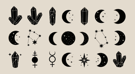 Naklejka premium Mystical collection of celestial moon phases and sparkling crystal gemstone elements in esoteric