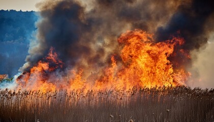 a raging fire producing dense smoke while destroying dried grass and reed fields emphasizing the ecological impact of burning leaves and natural disasters