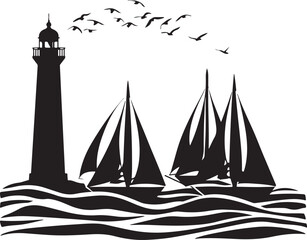 Lighthouse and Sailboat Silhouette on Ocean Waves
Nautical Sea Scene with Lighthouse, Sailboats, and Birds
Maritime Silhouette Artwork with Lighthouse and Sailing Ships
