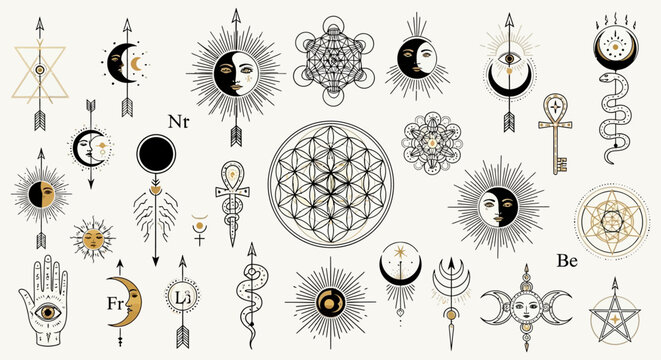 Enchanting celestial symbols and spiritual elements creates a mystical pattern for design themes