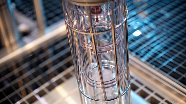 Stainless steel water filtration cylinder clear glass reactor with metal cage industrial cylindrical housing glass column metal fasteners polished