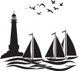 Lighthouse and Sailboat Silhouette on Ocean Waves
Nautical Sea Scene with Lighthouse, Sailboats, and Birds
Maritime Silhouette Artwork with Lighthouse and Sailing Ships