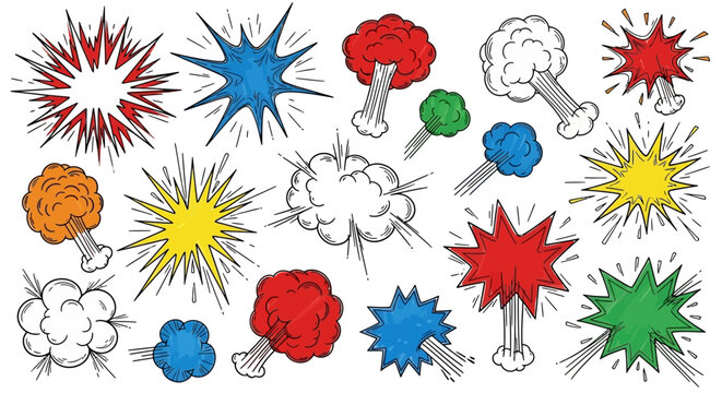 Collection of hand-drawn colorful comic explosion effects illustrations for creative projects and