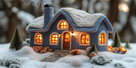 Naklejka premium Cozy miniature knitted house with warm lights at night Generative AI