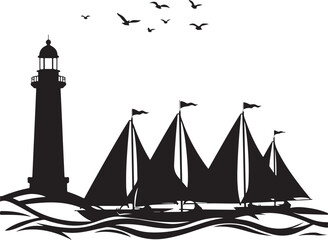 Lighthouse and Sailboat Silhouette on Ocean Waves
Nautical Sea Scene with Lighthouse, Sailboats, and Birds
Maritime Silhouette Artwork with Lighthouse and Sailing Ships