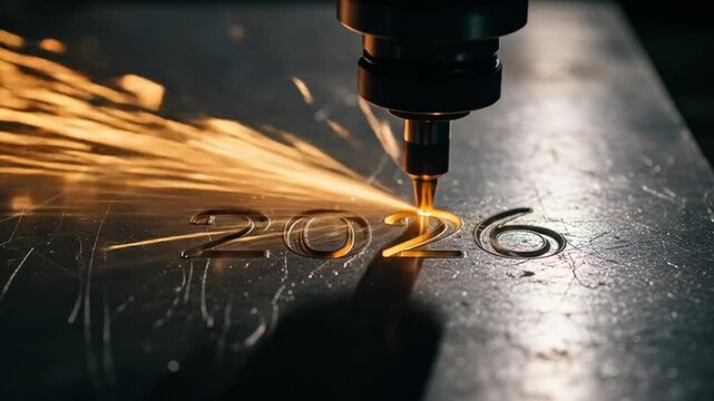 High precision laser engraving of the number 2026 onto a steel plate, forging a powerful happy new year 2026 concept