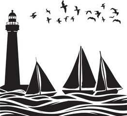 Lighthouse and Sailboat Silhouette on Ocean Waves
Nautical Sea Scene with Lighthouse, Sailboats, and Birds
Maritime Silhouette Artwork with Lighthouse and Sailing Ships