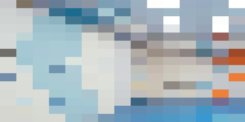 Abstract digital background composed of a mosaic of blue, grey, and orange pixel blocks.