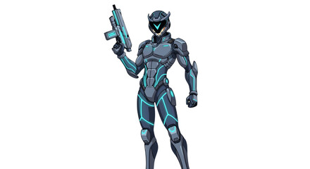 Fototapeta premium Futuristic Cybernetic Soldier with High-Tech Armor and Energy Weapon, Ready for Combat in a Sci-Fi World
