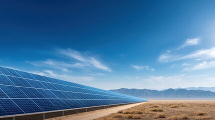 Expansive Solar Panel Array Under Clear Blue Skies in Desert Landscape