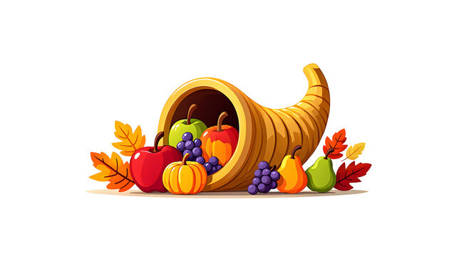 Full Cornucopia Filled with Autumn Fruits, Vegetables, and Leaves &ndash; Vector Graphic Element