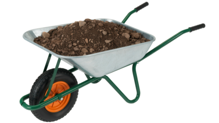 A metal garden wheelbarrow filled with rich dark soil and compost isolated on transparent background