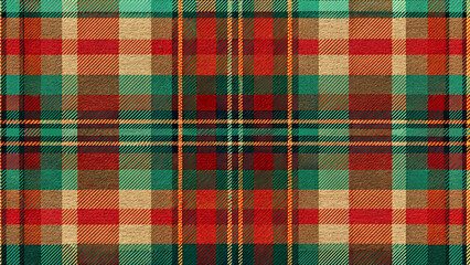 Plaid Tartan Seamless Pattern, European Western Scottish Highland Check in Red Green Teal and Beige, Twill Woven Fabric Texture, Vintage Flannel Repeat Tile Background for Textile Wallpaper