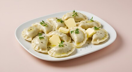 Delicate Pierogi Delight: Traditional Dumplings with Butter and Parsley on a White Plate, Culinary Still Life Celebrating Eastern European Comfort Food