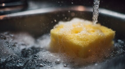 A close up of a yellow sponge creating foam under running water in a kitchen sink