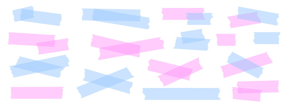 Pink and blue  washi tapes with torn edges. Cute decorative masking tape pieces for scrapbook design, planner decoration, or creative paper crafts. Vector illustration.