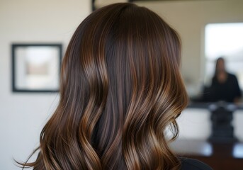 Stunning Brown Hair with Caramel Highlights SalonStyled, Curly and Wavy, Beautiful Color and Style, Woman's Back View.