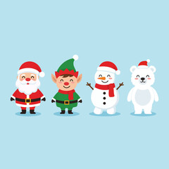 Cute Christmas Characters Set with Santa, Elf, Snowman, and Polar Bear