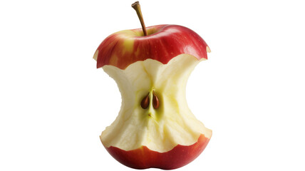 A ripe red apple core with stem remaining isolated on transparent background