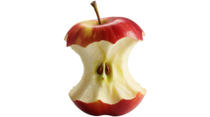 A ripe red apple core with stem remaining isolated on transparent background