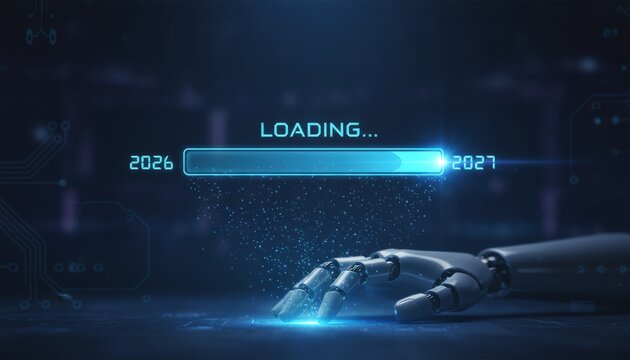 Cybernetic Transition: A sleek robotic arm initiates a digital loading sequence, bridging the gap between years. A blend of technology and anticipation