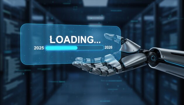 Digital Dawn: A futuristic robotic hand cradles a transparent screen displaying a LOADING... progress bar. - Powered by Adobe