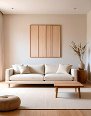 Modern minimalist living room design cozy apartment interior photography bright environment wide angle view contemporary aesthetics