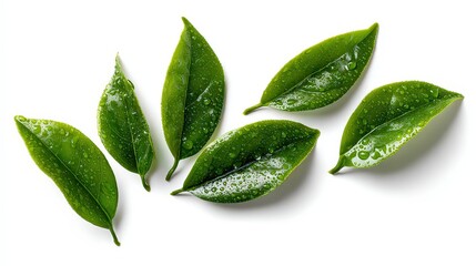 Obraz premium Sparkling Green Leaves Isolated on White Background with Glittering Texture for Festive Ornamentation