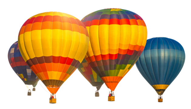 Cluster of Small Hot Air Balloons in Flight, Dynamic Sky Composition Isolated PNG.