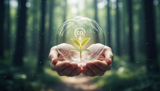 Environmental Stewardship: A visual narrative of hands cradling a nascent plant, enveloped by a protective bubble signifying environmental consciousness, in harmony with a backdrop of a lush forest.