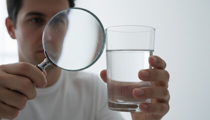 Examining the Pure: A focused individual scrutinizes a glass of clear liquid through a magnifying glass, emphasizing purity and the act of close examination.