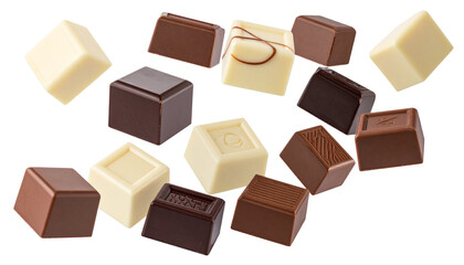 Assorted Chocolate Cubes Floating Gently, Minimalist Dessert Composition on White Background