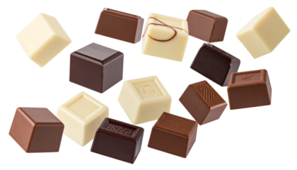 Assorted Chocolate Cubes Floating Gently, Minimalist Dessert Composition on White Background