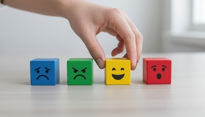 Emotional Cubes Selection: A hand delicately selects a vibrant, emotion-laden cube from a series of colorful blocks, embodying a choice in the realm of feelings, and promoting emotional intelligence.
